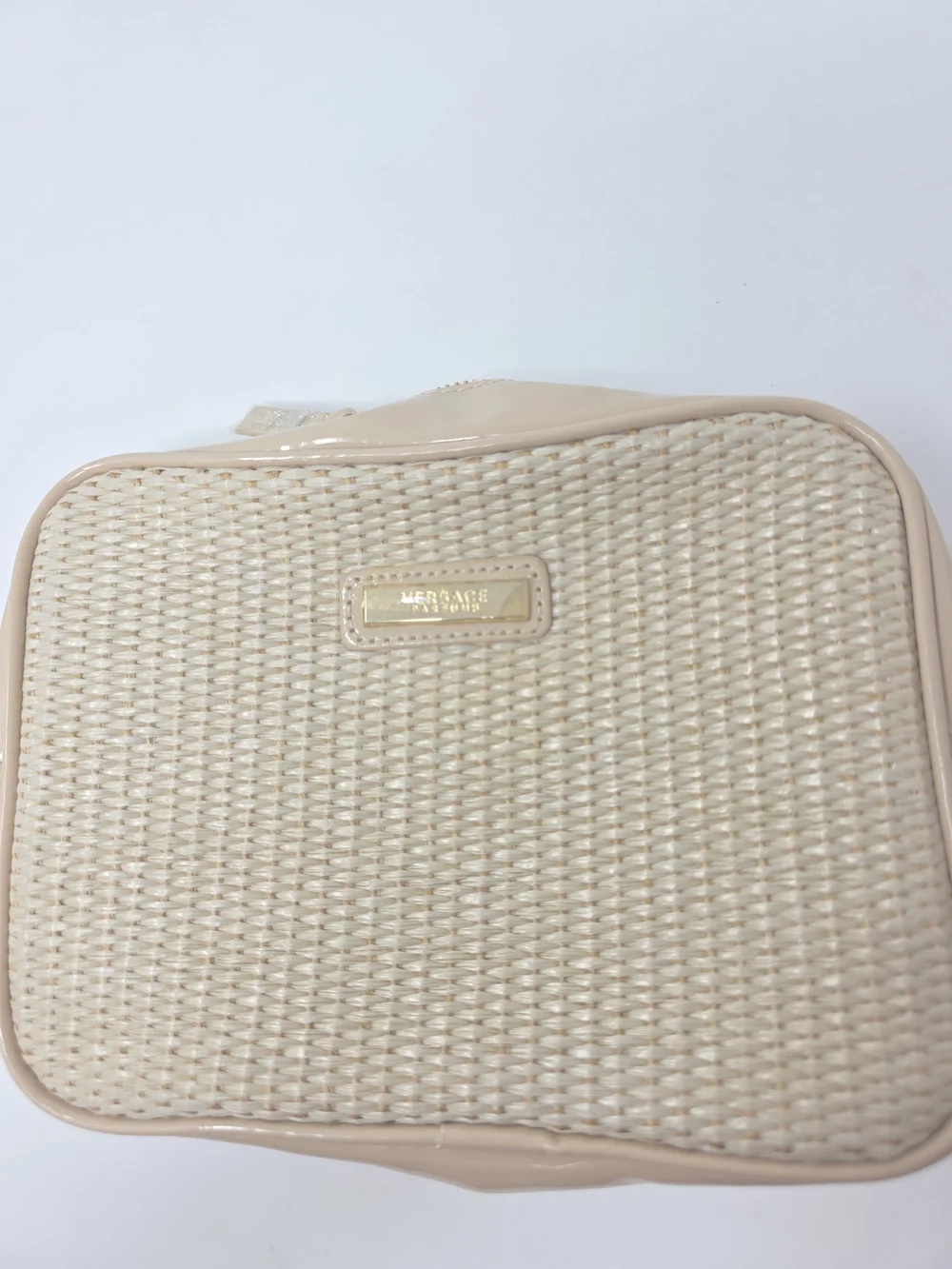 VERSACE Woven Bag Gloss Trim Makeup Cosmetic Perfume Bag Tan Gold Zip Closure